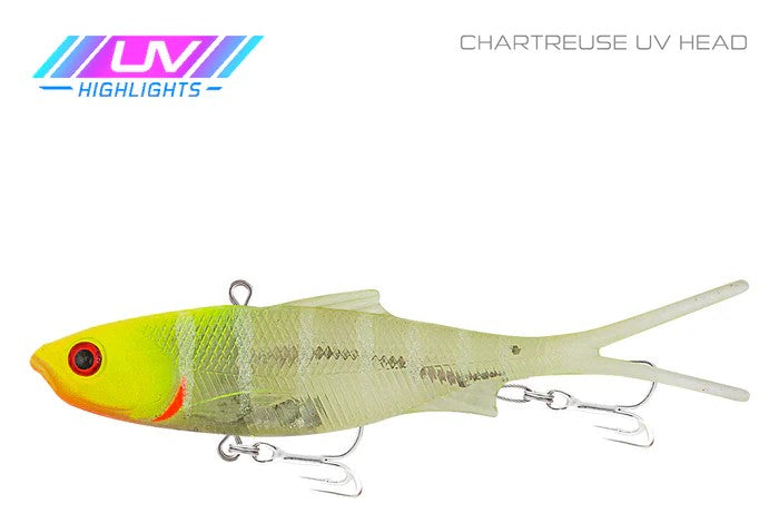 Samaki Vibelicious Fork Tail 100mm Soft Vibe Lure [cl:chartreuse Uv Head]