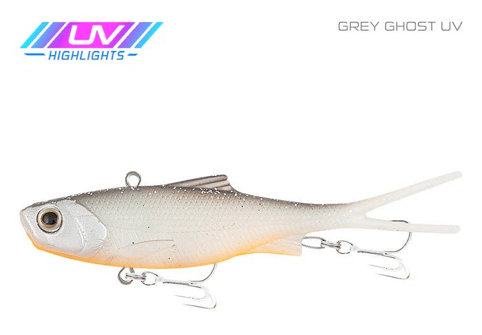 Samaki Vibelicious Fork Tail 125mm Soft Vibe Lure [cl:grey Ghost Uv]